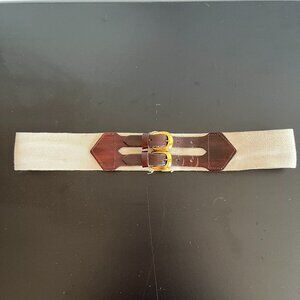 vintage 70s belt cream brown leather double buckle strap wide steampunk XS S